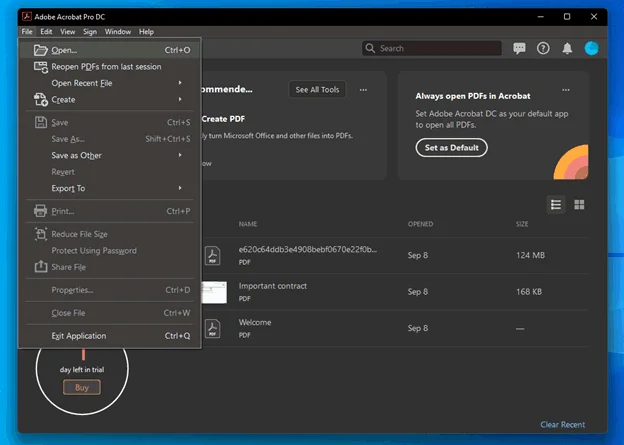 Adobe Acrobat Pro with the file menu dropdown exposed