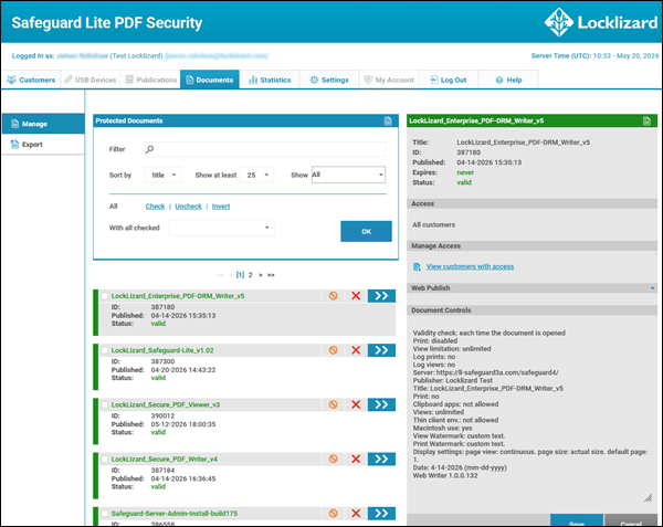 Documents: This is where you manage protected PDF document records and see the controls you applied to them. You can also view the customers who have access to each protected PDF document and grant or deny access.