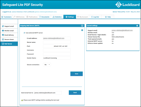 Settings: This is where you can review and change email settings and control how license information is delivered to users.