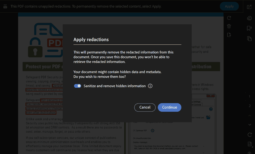 PDF viewer prompting the user to apply redactions before saving