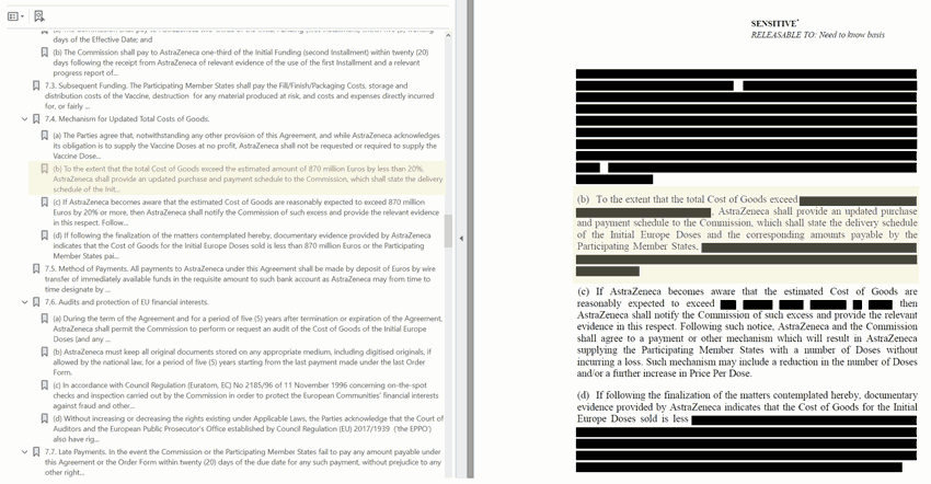 Redacted AstraZeneca vaccine contract page with information leaked through bookmarks