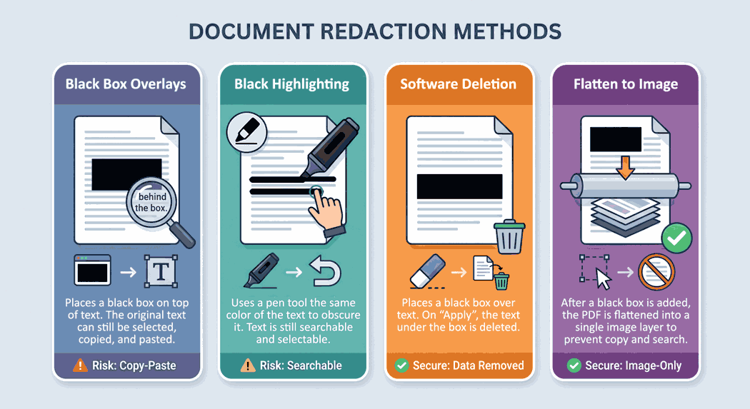 Diagram comparing four methods of digital document redaction