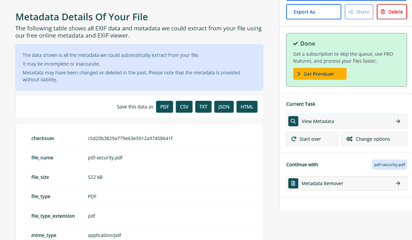 PDF metadata panel showing author, title, and keyword fields that can leak information