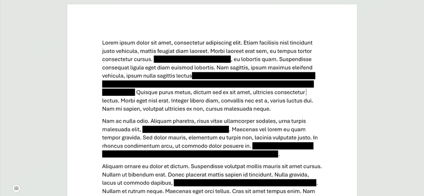 Example of a PDF document with black redaction bars over confidential sections